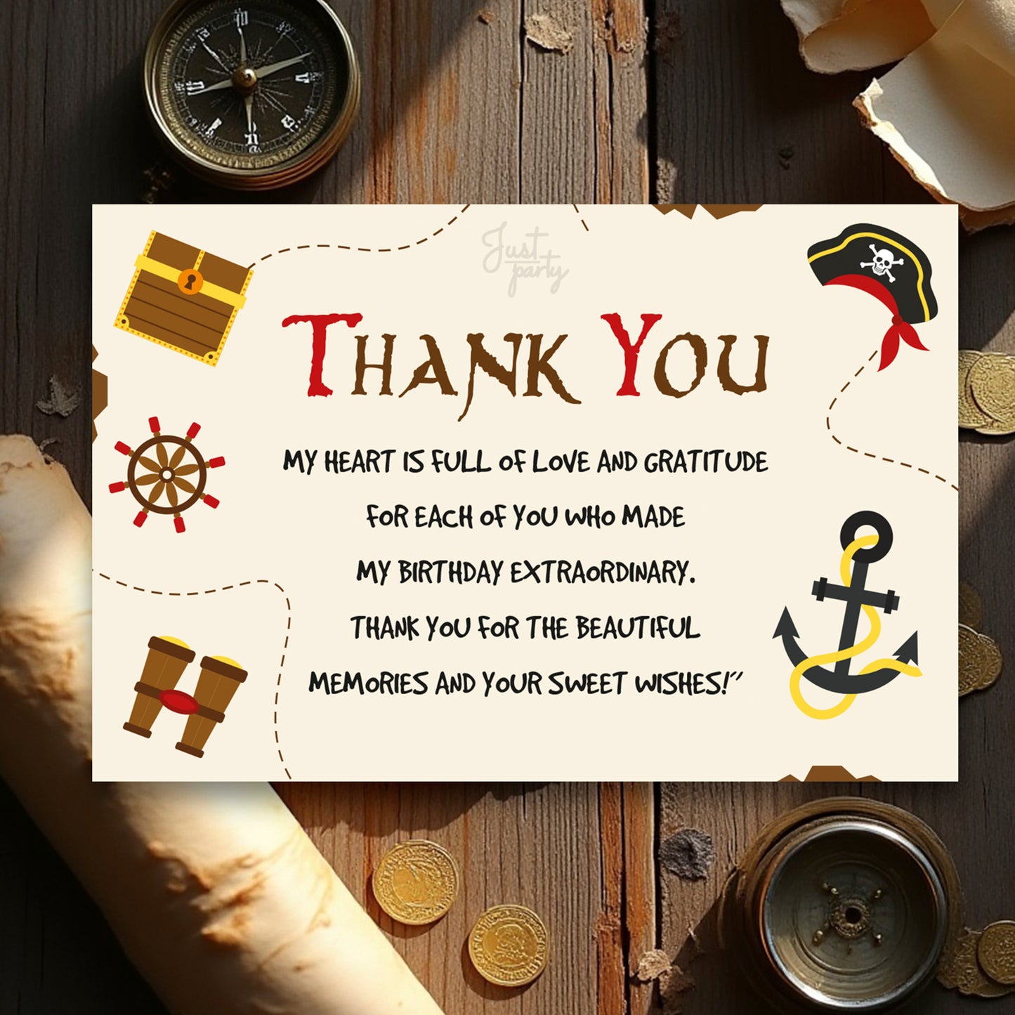 Just Party Pirates Theme Thank You Cards for Return Gift (Pack of 10)
