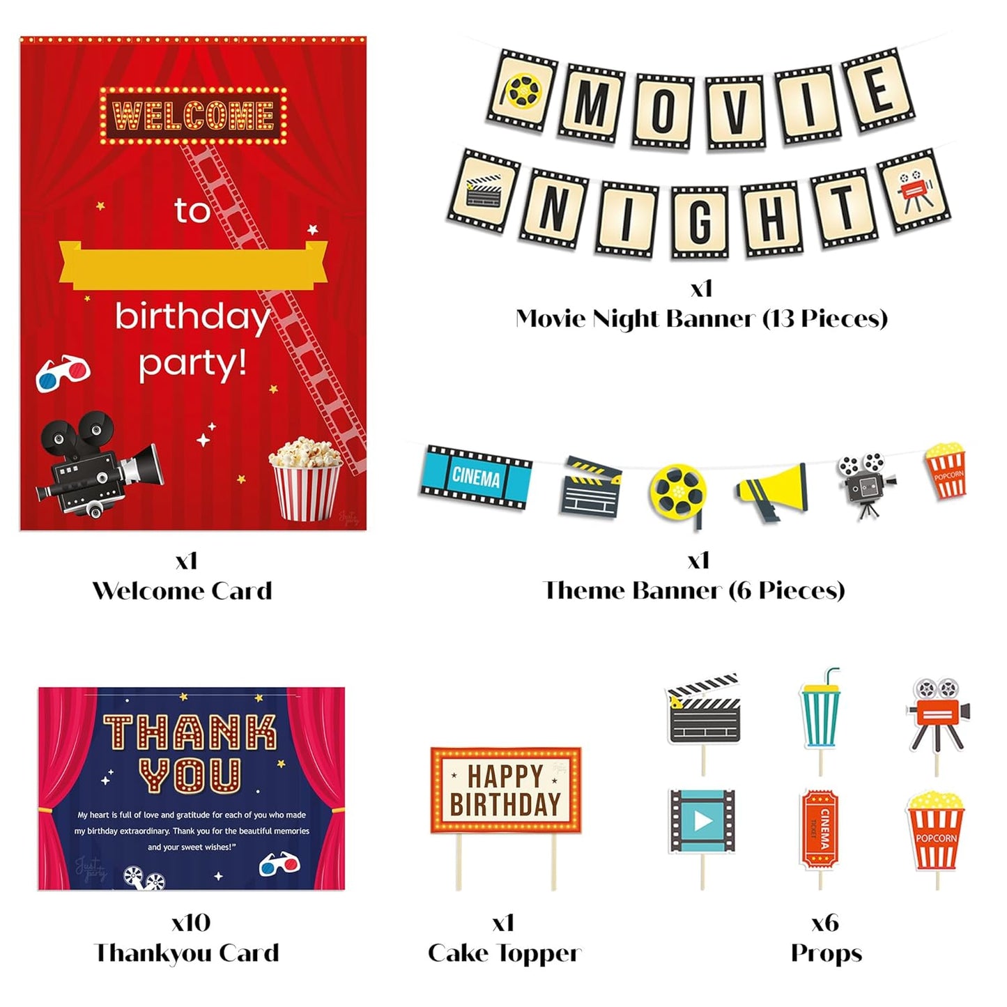 Just Party Movie Night Theme Party Decoration - 37 pcs Happy Birthday Decoration Kit for Kids