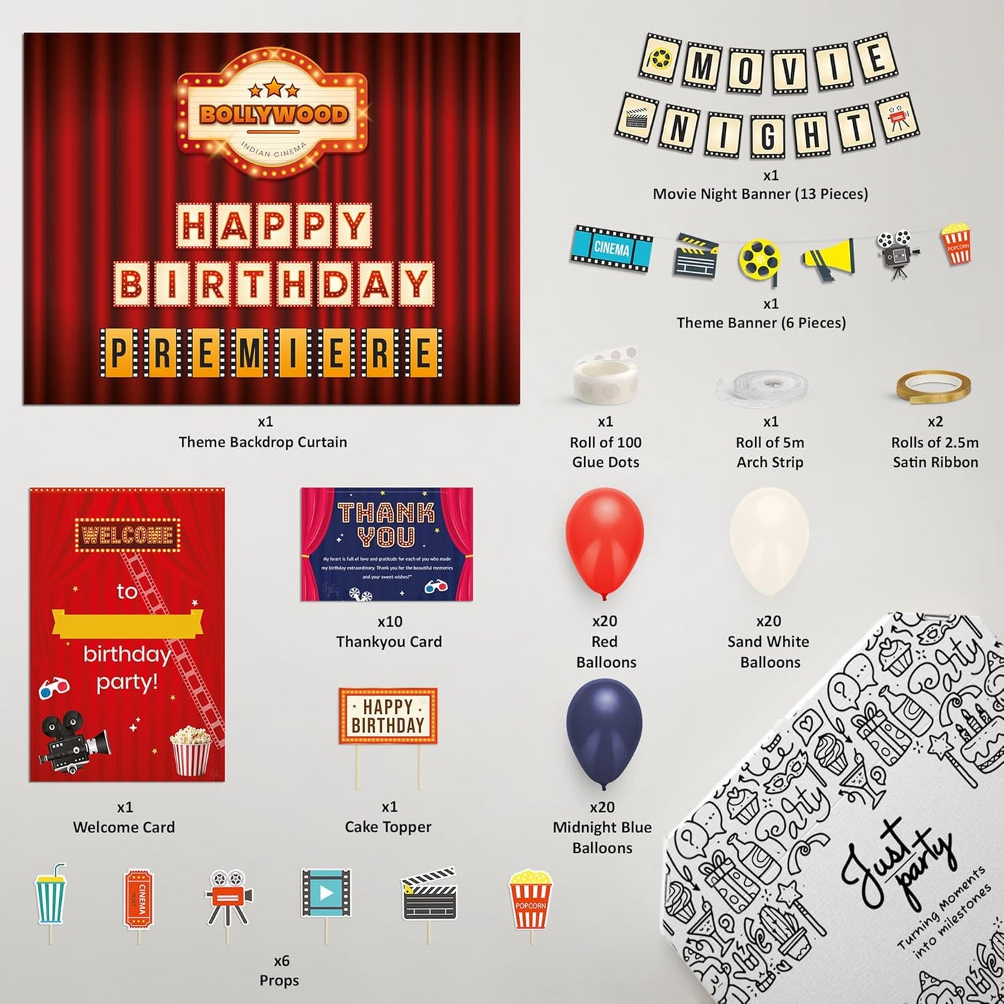 Just Party Bollywood Movie Night Theme Party Decoration - 100 pcs Happy Birthday Decoration Kit for Kids