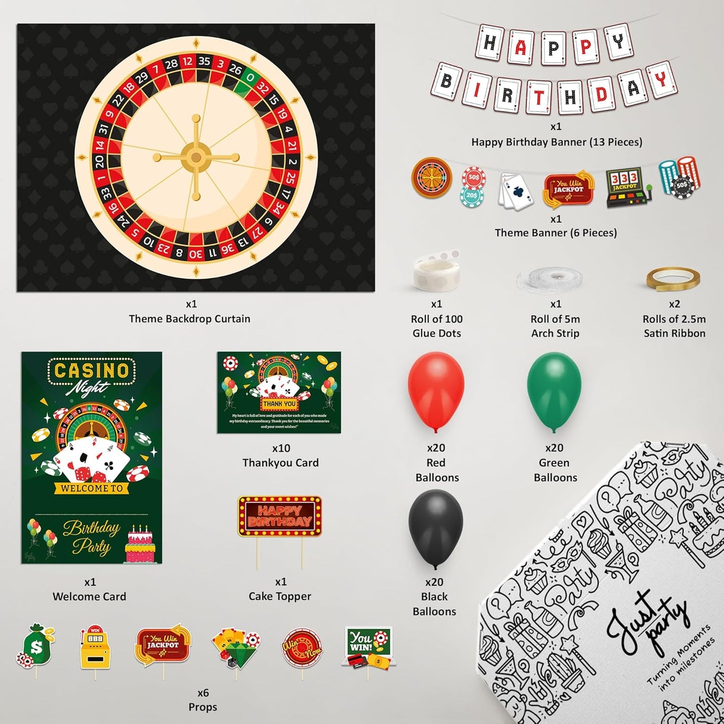 Just Party Casino Theme Party Decoration - 100 pcs Happy Birthday Decoration Kit for Adults