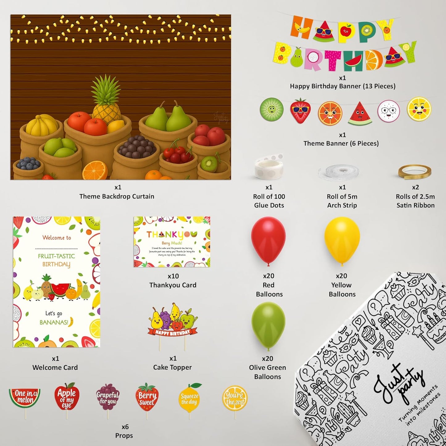 Just Party Fruits Theme Party Decoration - 100 pcs Happy Birthday Decoration Kit for Kids