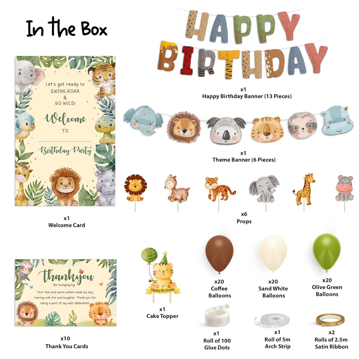 Just Party Jungle Theme Party Decoration - 99 pcs Happy Birthday Decoration Kit for Kids