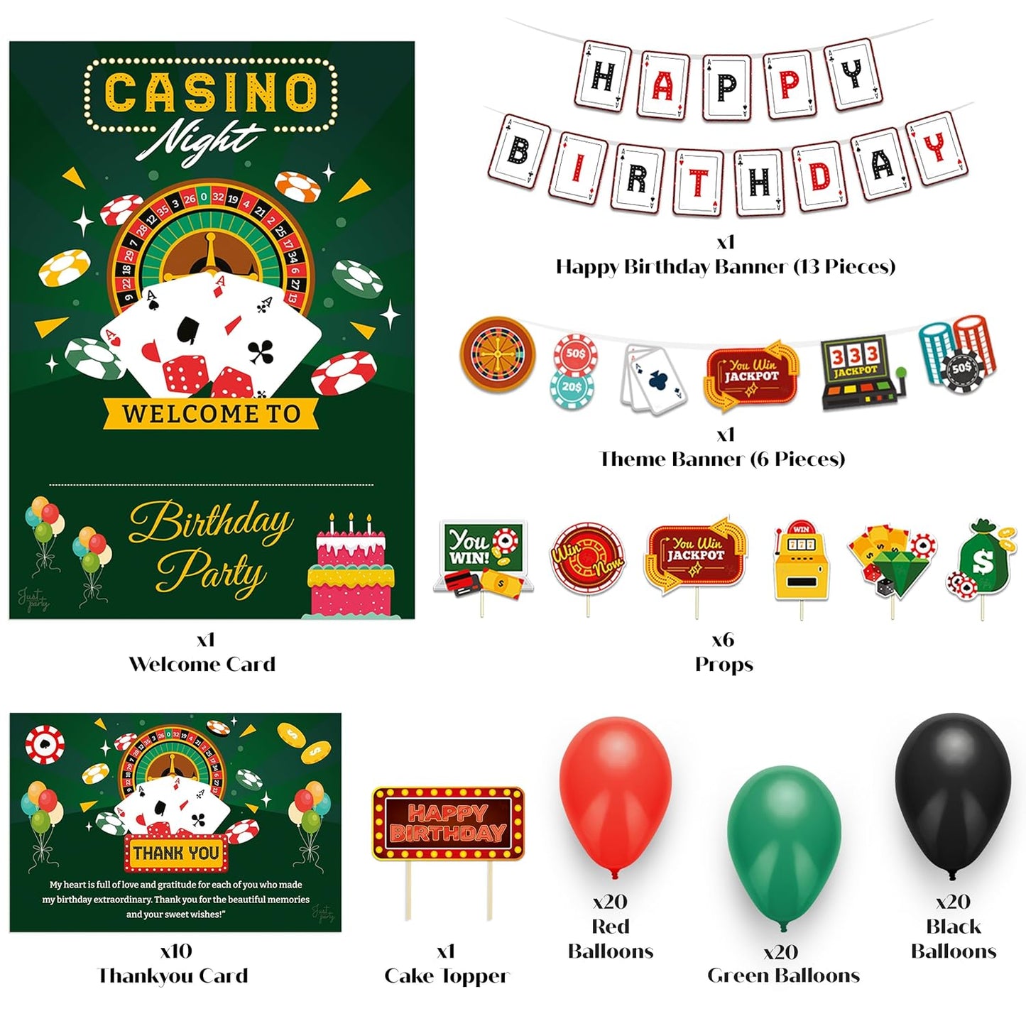 Just Party Casino Theme Party Decoration - 99 pcs Happy Birthday Decoration Kit for Adults