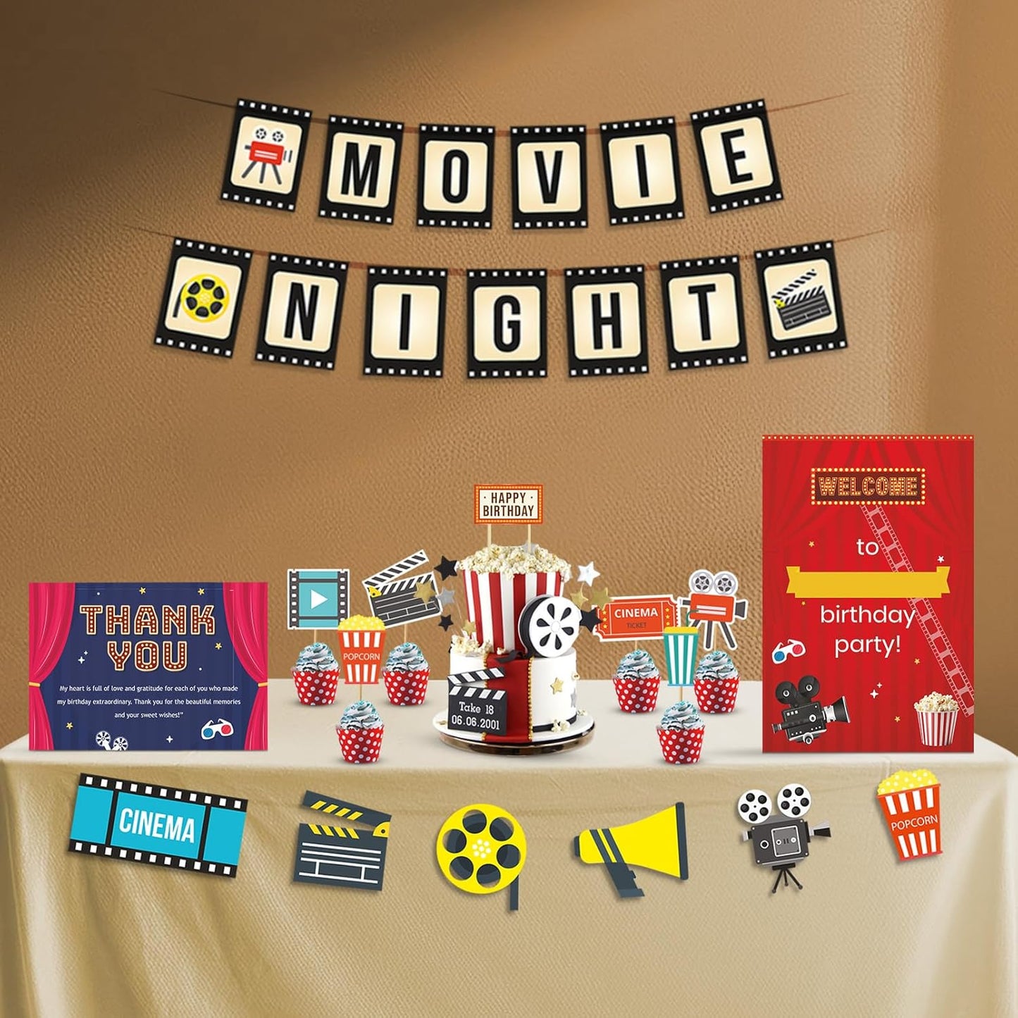 Just Party Movie Night Theme Party Decoration - 37 pcs Happy Birthday Decoration Kit for Kids