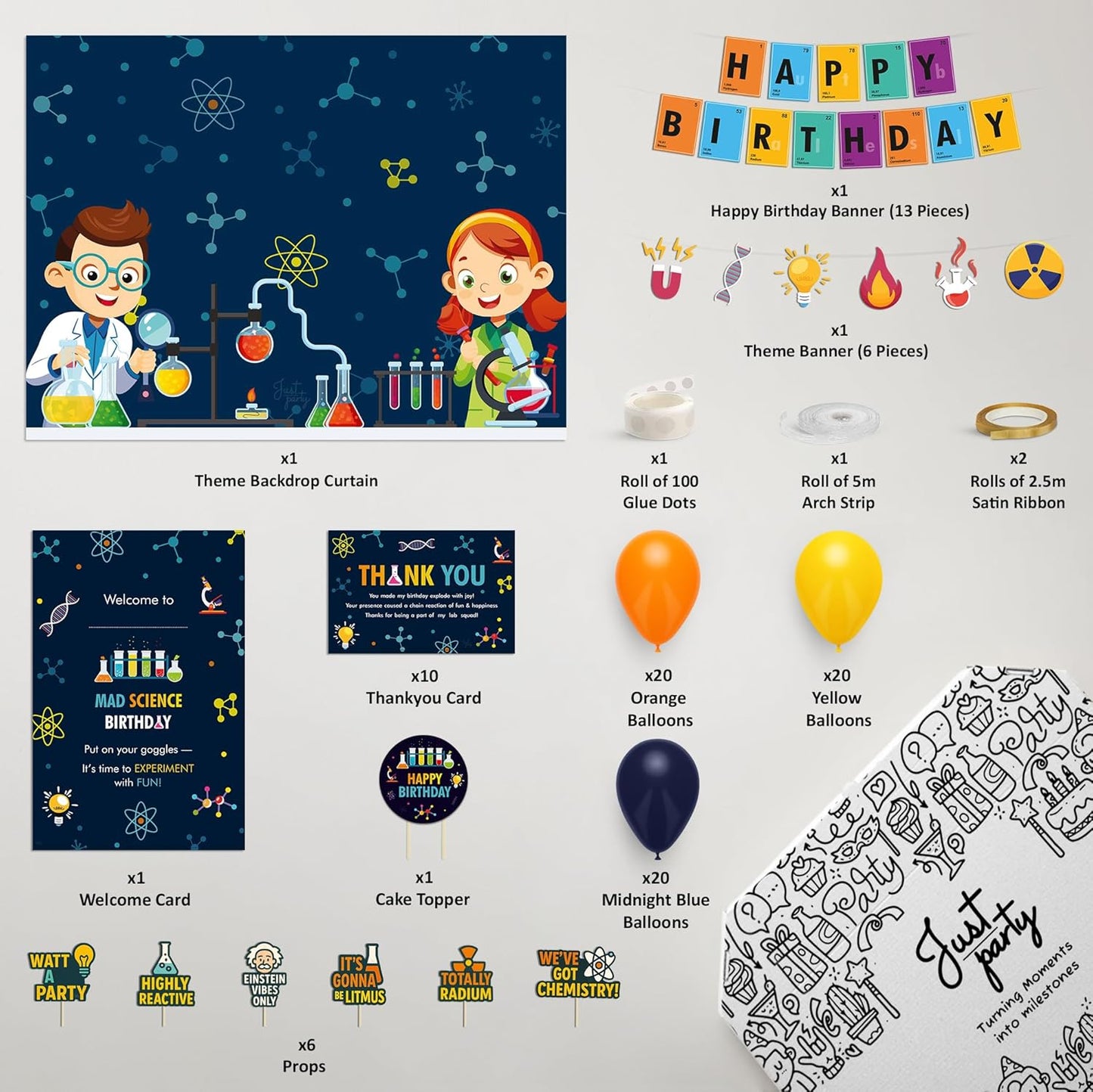 Just Party Science Theme Party Decoration - 100 pcs Happy Birthday Decoration Kit for Kids