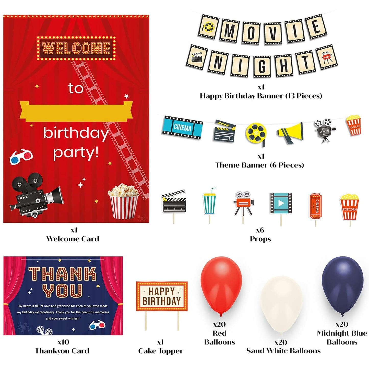 Just Party Bollywood Movie Night Theme Party Decoration - 99 pcs Happy Birthday Decoration Kit for Kids