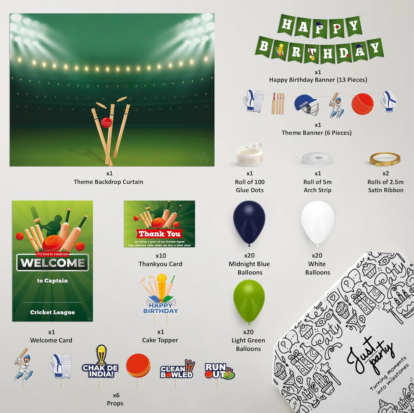 Just Party Cricket Theme Party Decoration - 100 pcs Happy Birthday Decoration Kit for Kids