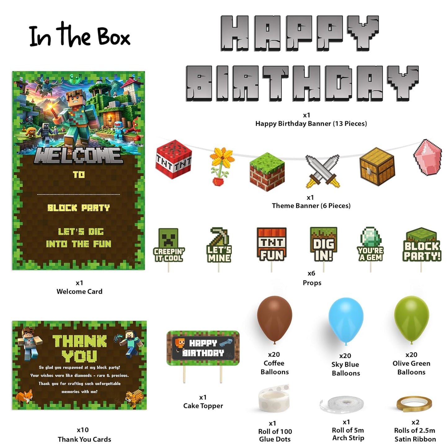 Just Party Mining Theme Party Decoration - 99 pcs Happy Birthday Decoration Kit for Kids