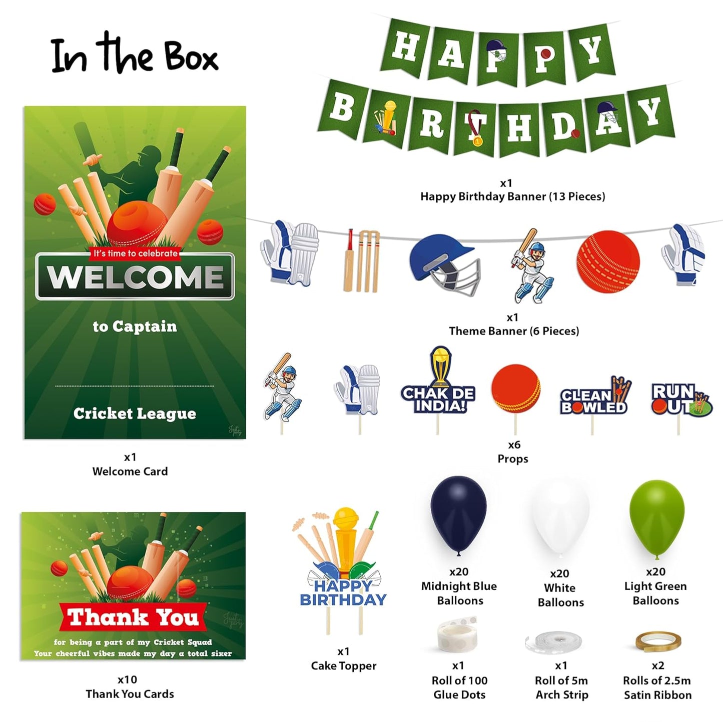 Just Party Cricket Theme Party Decoration - 99 pcs Happy Birthday Decoration Kit for Kids