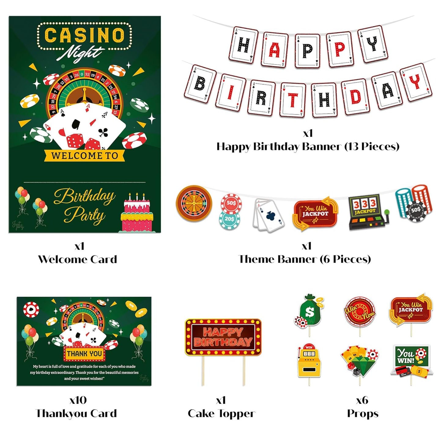 Just Party Casino Theme Party Decoration - 37 pcs Happy Birthday Decoration Kit for Adults