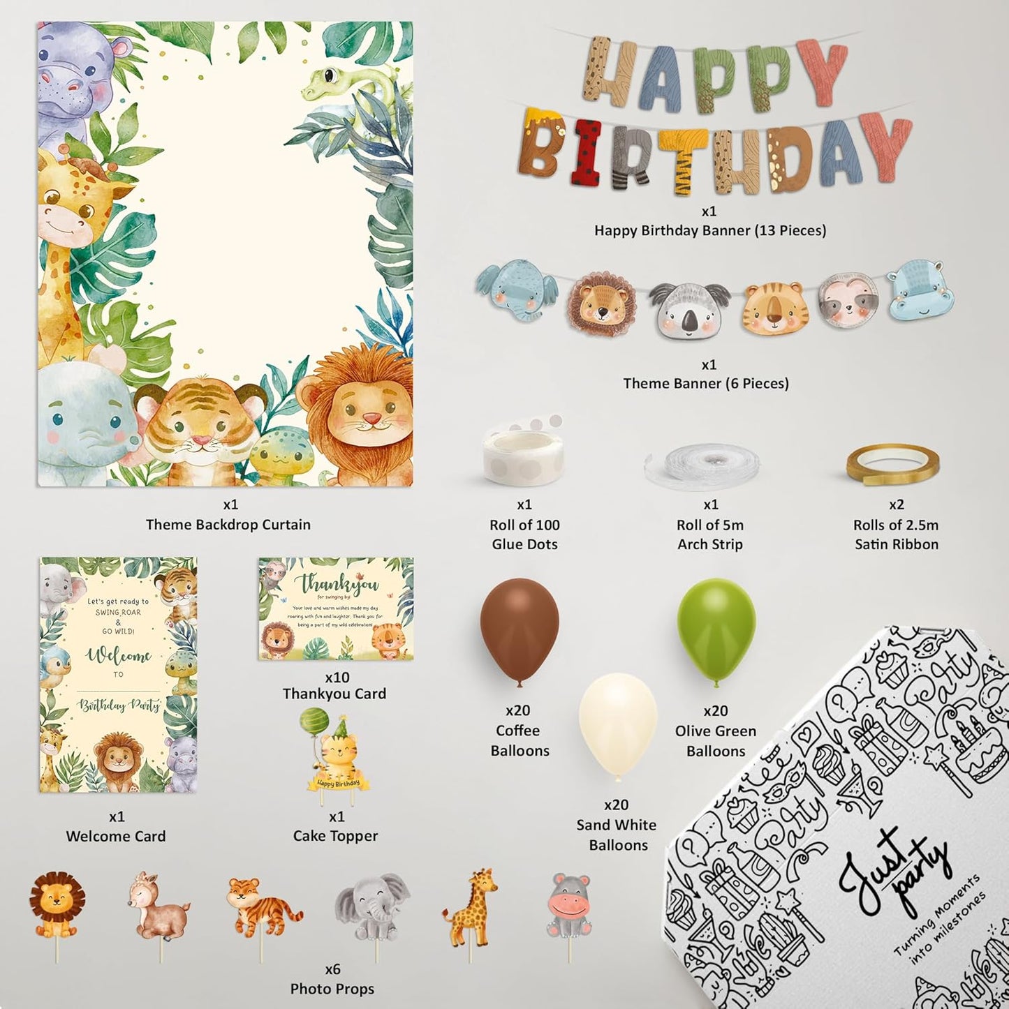 Just Party Jungle Theme Party Decoration - 100 pcs Happy Birthday Decoration Kit for Kids