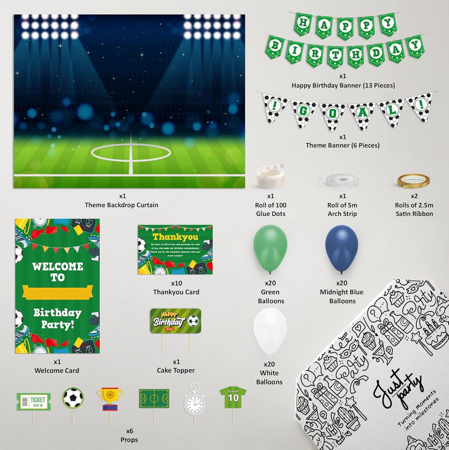 Just Party Football Theme Party Decoration - 100 pcs Happy Birthday Decoration Kit for Kids