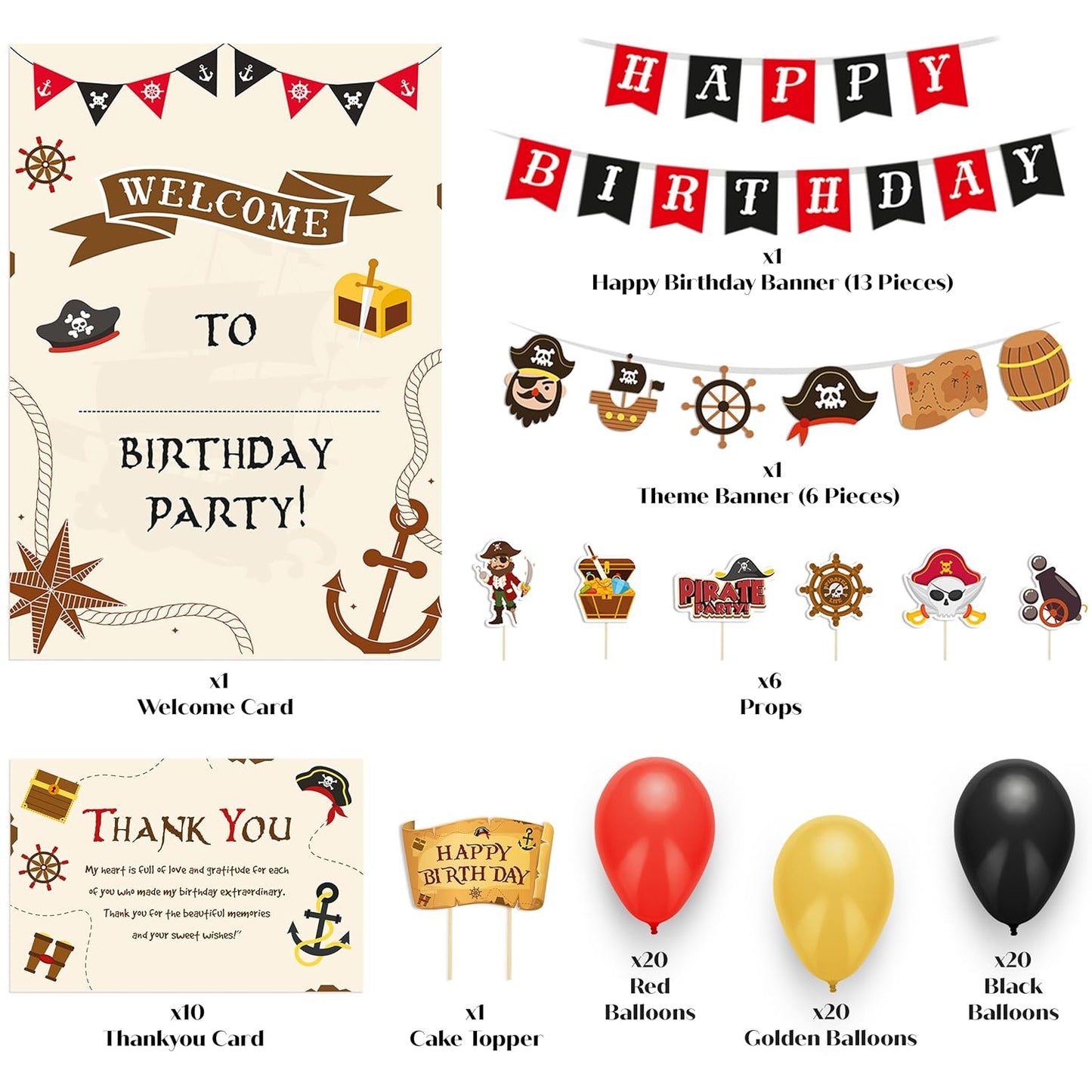 Just Party Pirate Theme Party Decoration - 99 pcs Happy Birthday Decoration Kit for Kids