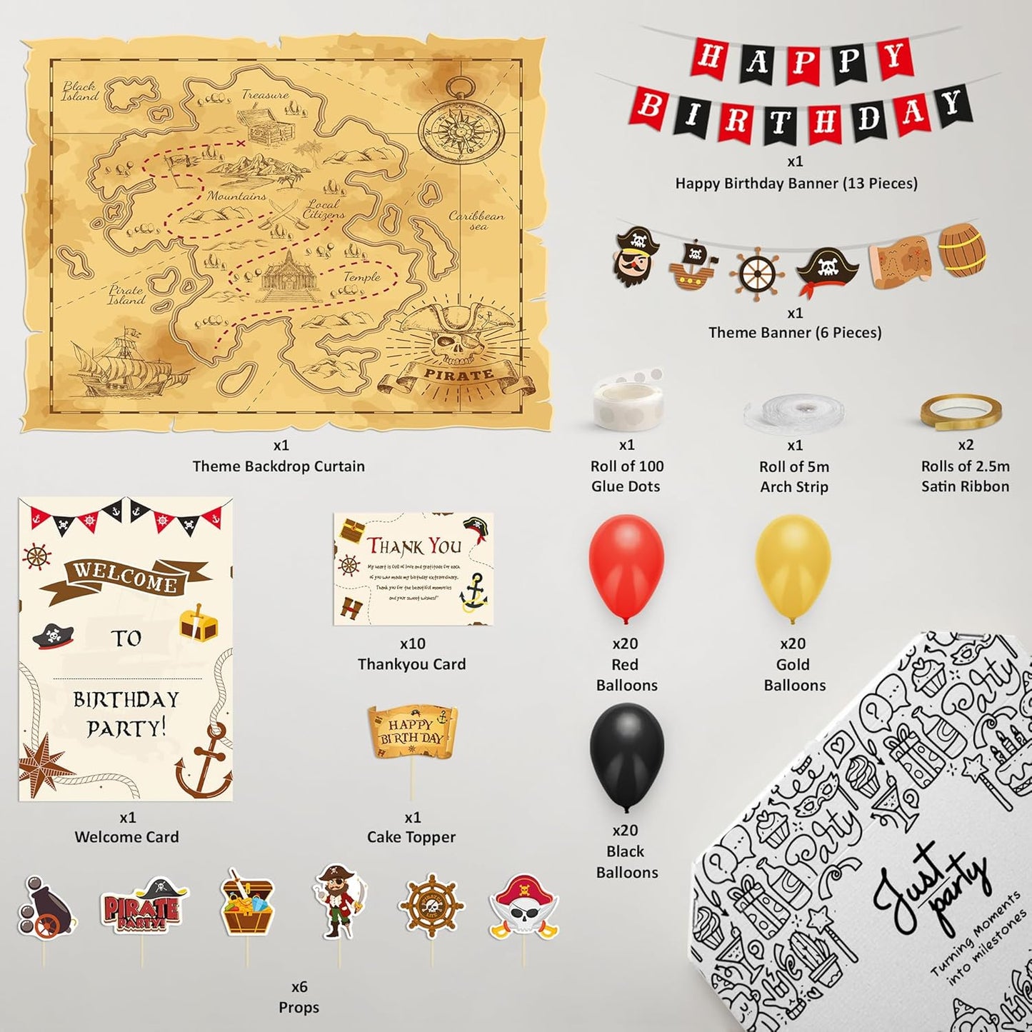 Just Party Pirate Theme Party Decoration - 100 pcs Happy Birthday Decoration Kit for Kids