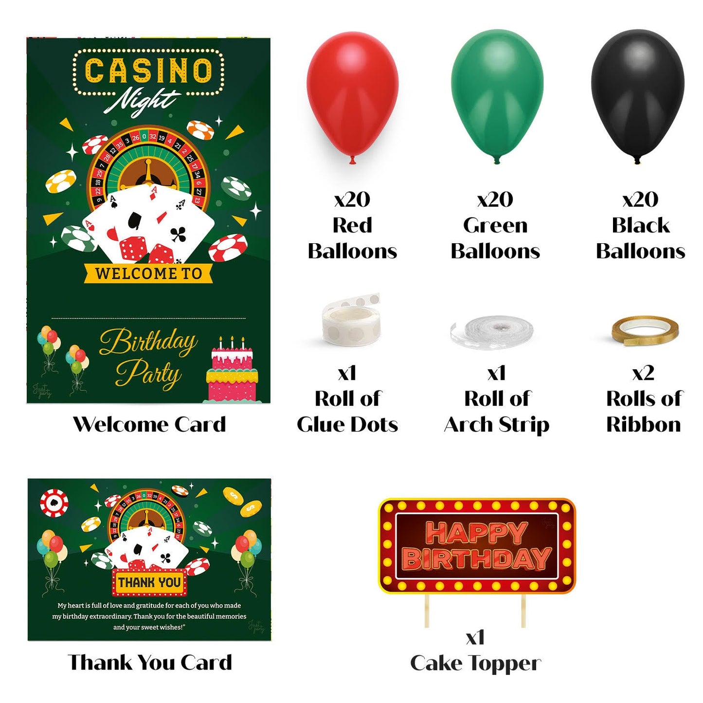 Just Party Casino Theme Party Decoration - 100 pcs Happy Birthday Decoration Kit for Adults