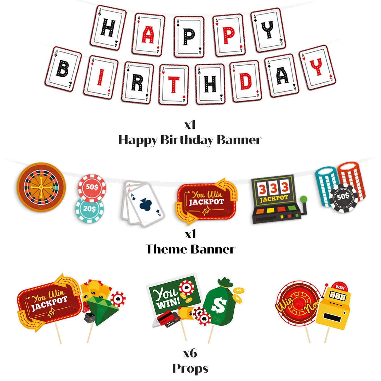 Just Party Casino Theme Party Decoration - 100 pcs Happy Birthday Decoration Kit for Adults