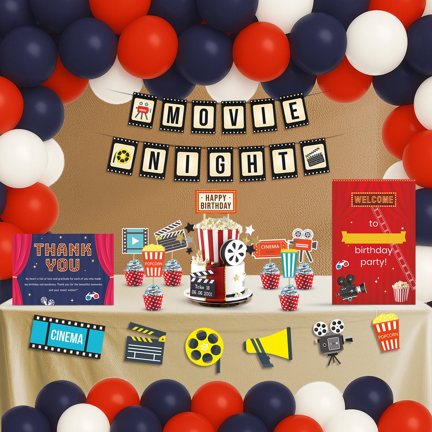 Just Party Bollywood Movie Night Theme Party Decoration - 99 pcs Happy Birthday Decoration Kit for Kids