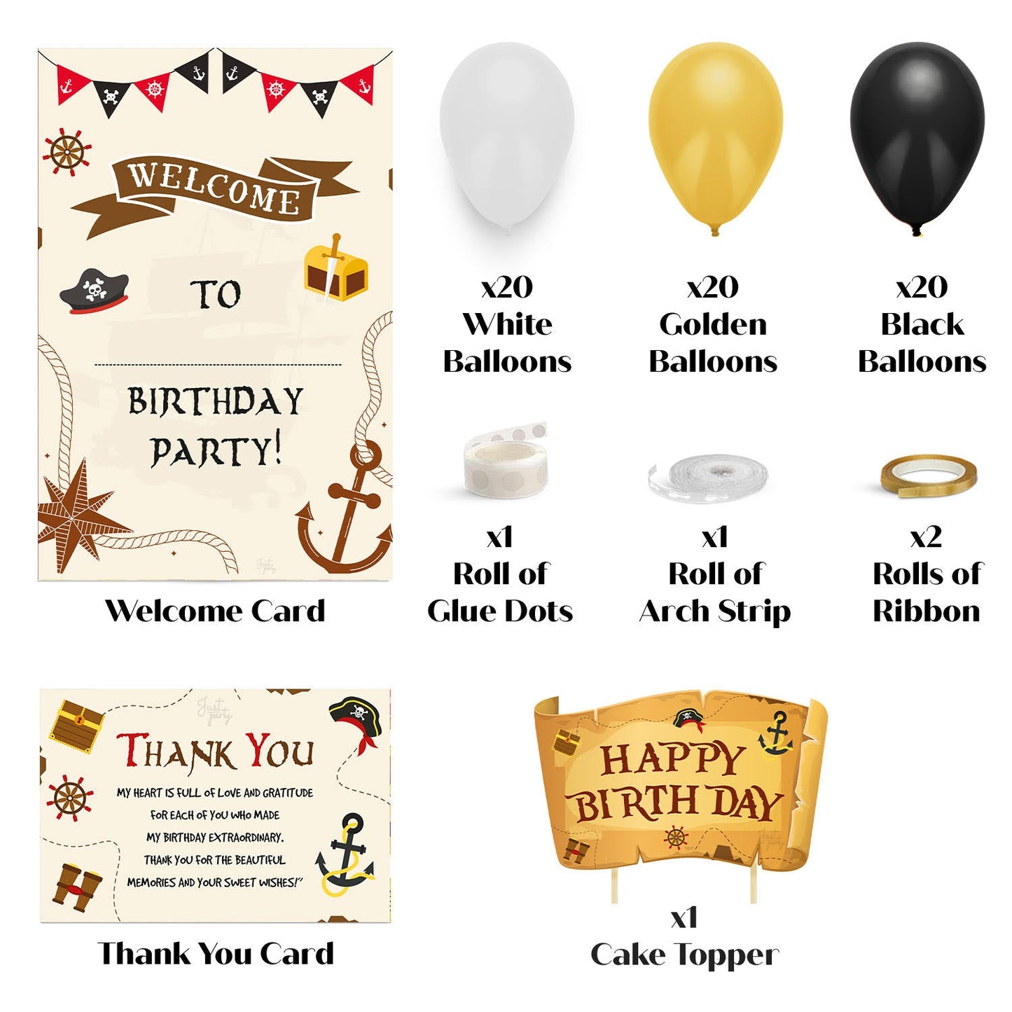 Just Party Pirate Theme Party Decoration - 100 pcs Happy Birthday Decoration Kit for Kids