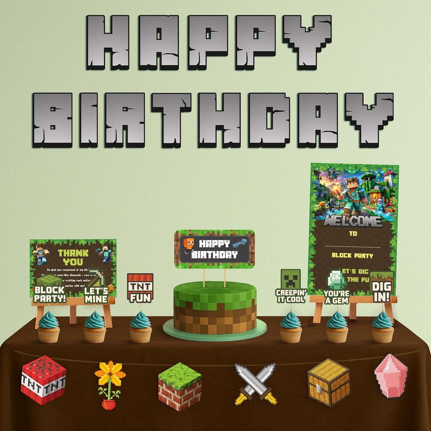 Just Party Mining Theme Party Decoration - 37 pcs Happy Birthday Decoration Kit for Kids