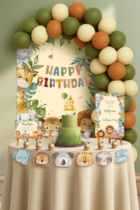 Just Party Jungle Theme Party Decoration - 100 pcs Happy Birthday Decoration Kit for Kids