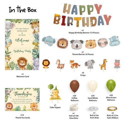 Just Party Jungle Theme Party Decoration - 99 pcs Happy Birthday Decoration Kit for Kids
