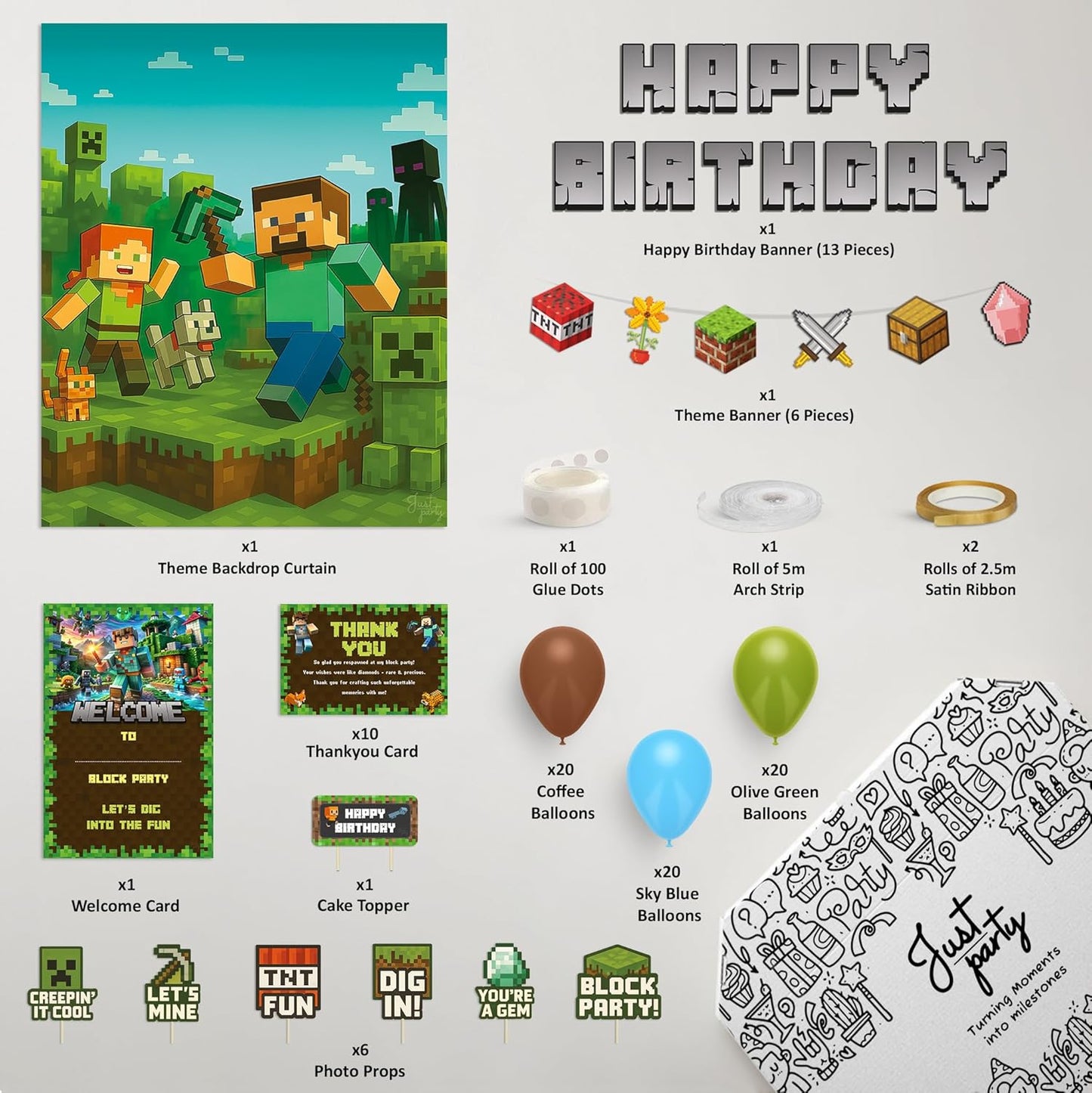 Just Party Mining Theme Party Decoration - 100 pcs Happy Birthday Decoration Kit for Kids