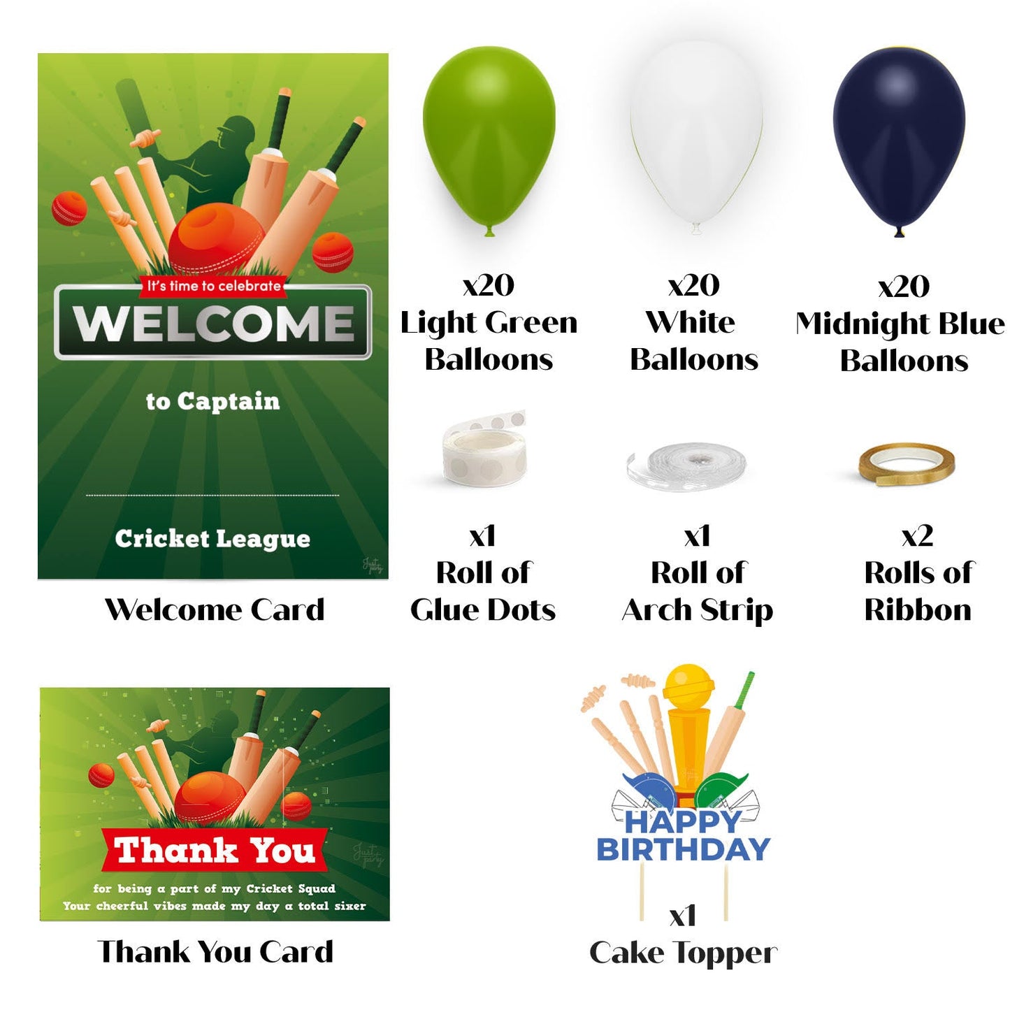 Just Party Cricket Theme Party Decoration - 99 pcs Happy Birthday Decoration Kit for Kids